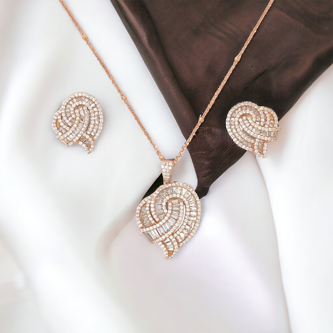 Designer Silver Pendant and matching earring set with Rose Gold plated.