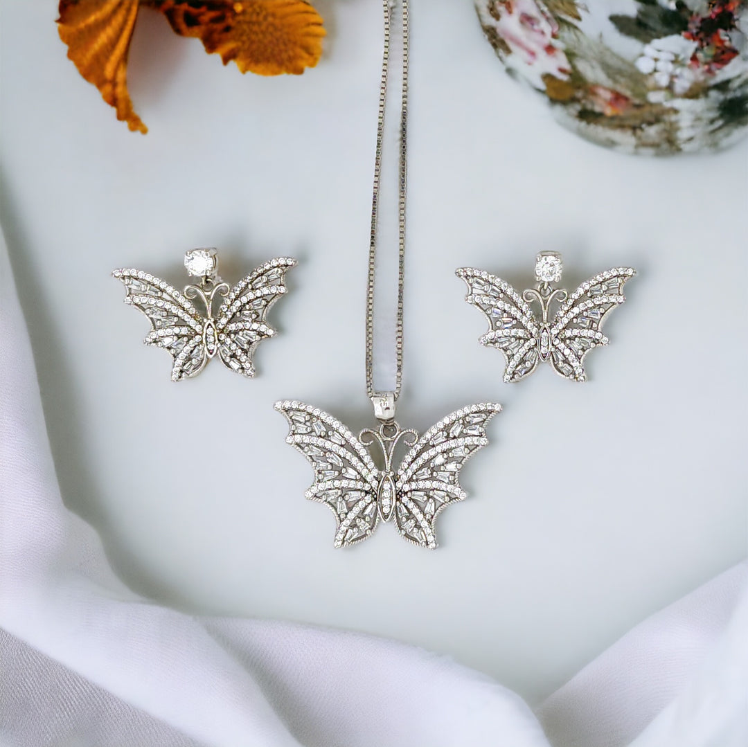 Butterfly designer silver Pendant with matching earring set with rhodium finish