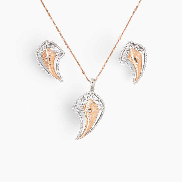 Dual tone Designer Silver Pendant and matching earring set with Rose Gold plated and rhodium plated