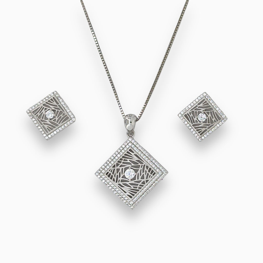 Modern designer silver pendant with matching earring set with matte finish
