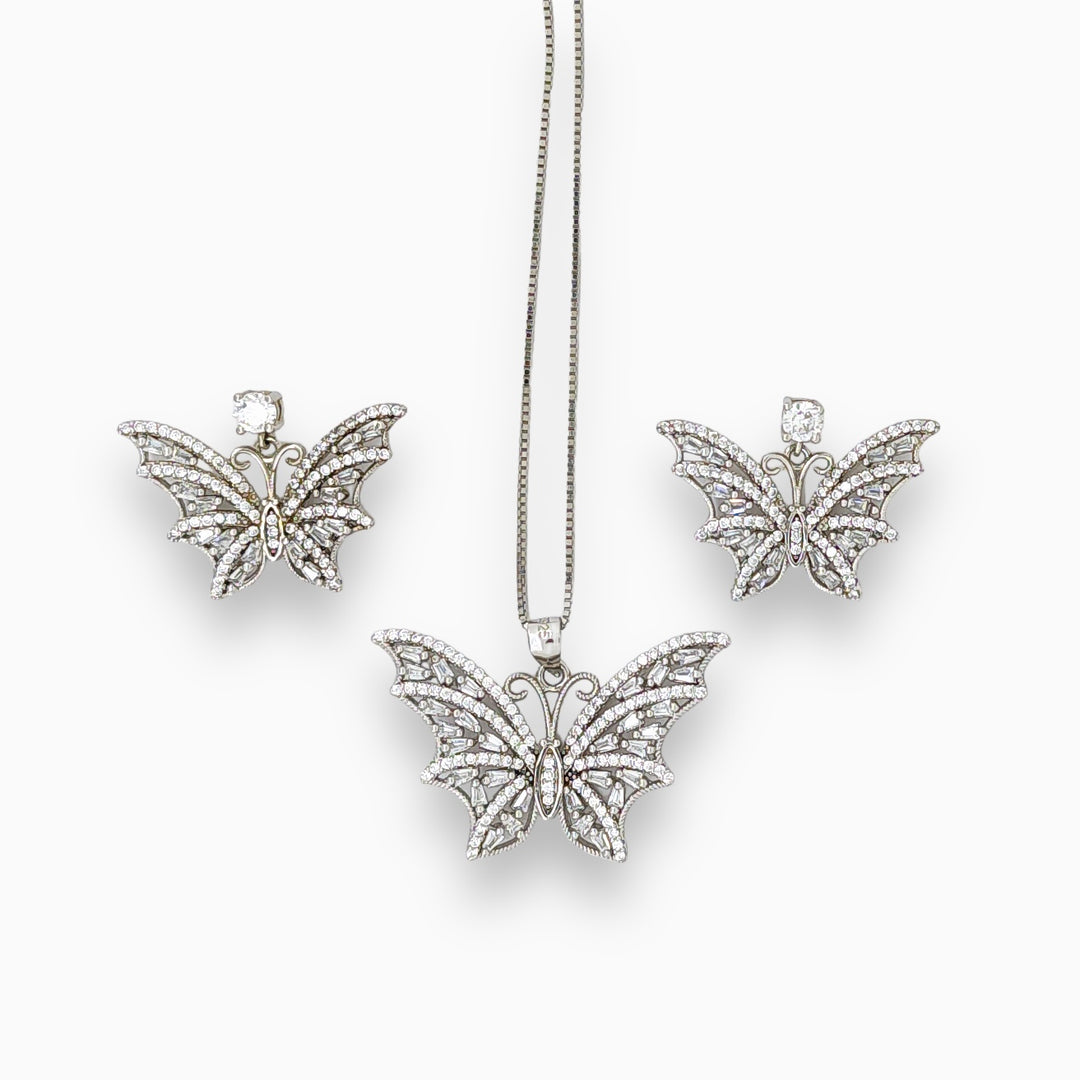 Butterfly designer silver Pendant with matching earring set with rhodium finish