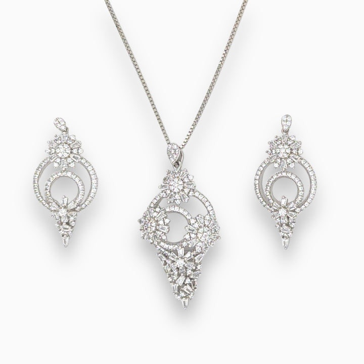 Designer silver pendant with matching earring set with rhodium finish