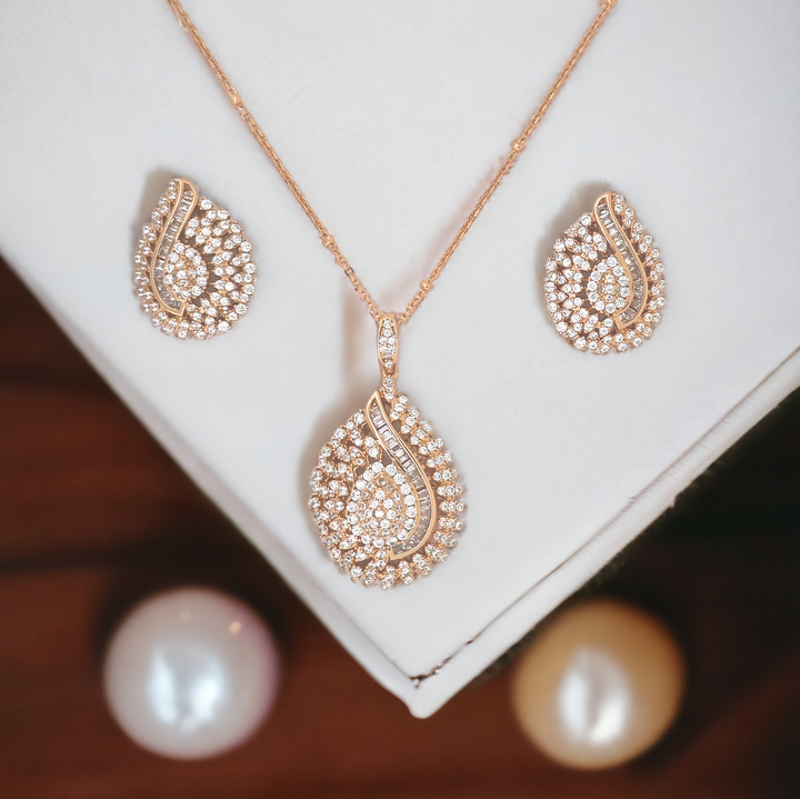Designer Silver Pendant and matching earring set with Rose Gold plated