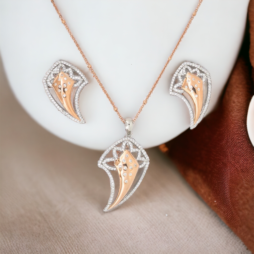 Dual tone Designer Silver Pendant and matching earring set with Rose Gold plated and rhodium plated