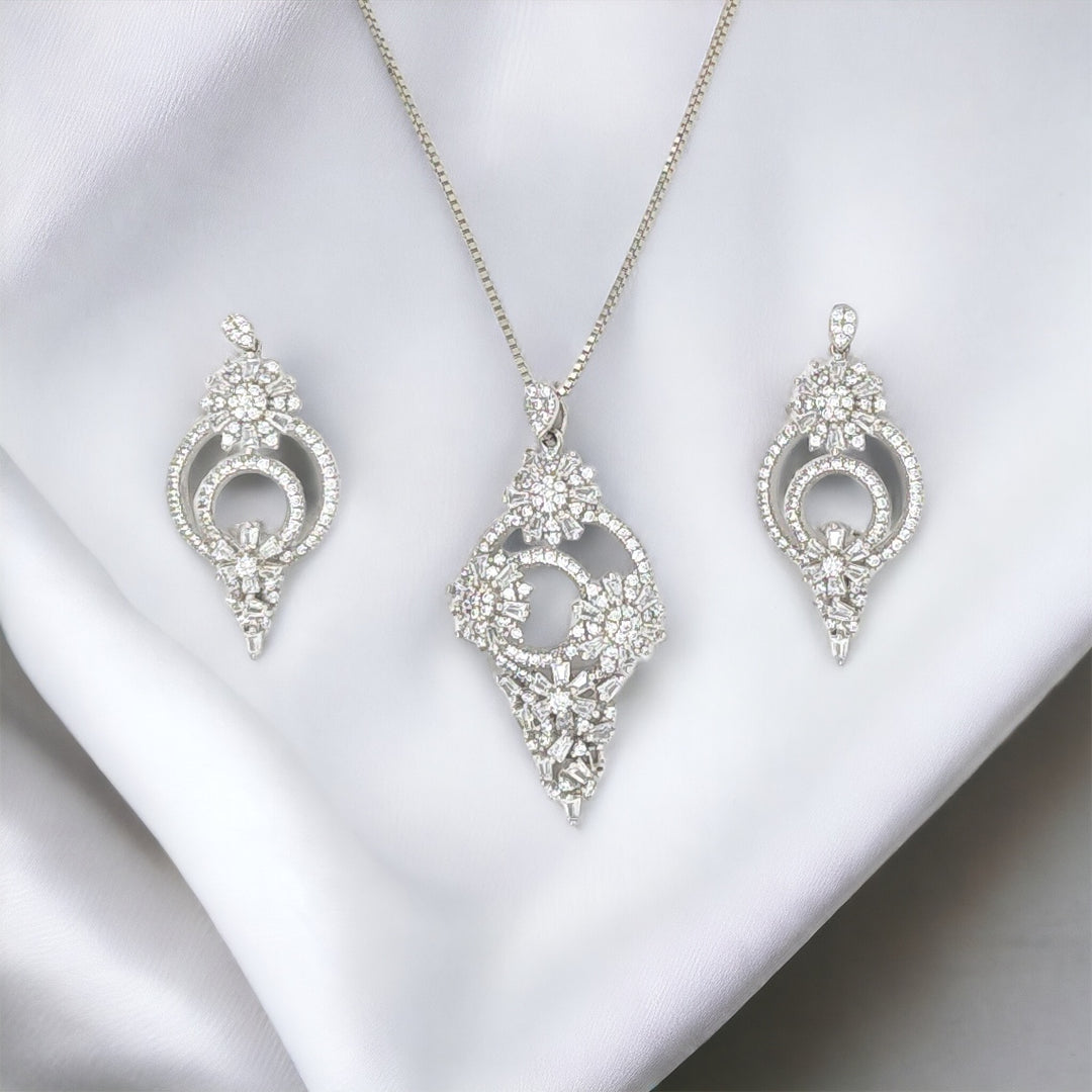 Designer silver pendant with matching earring set with rhodium finish
