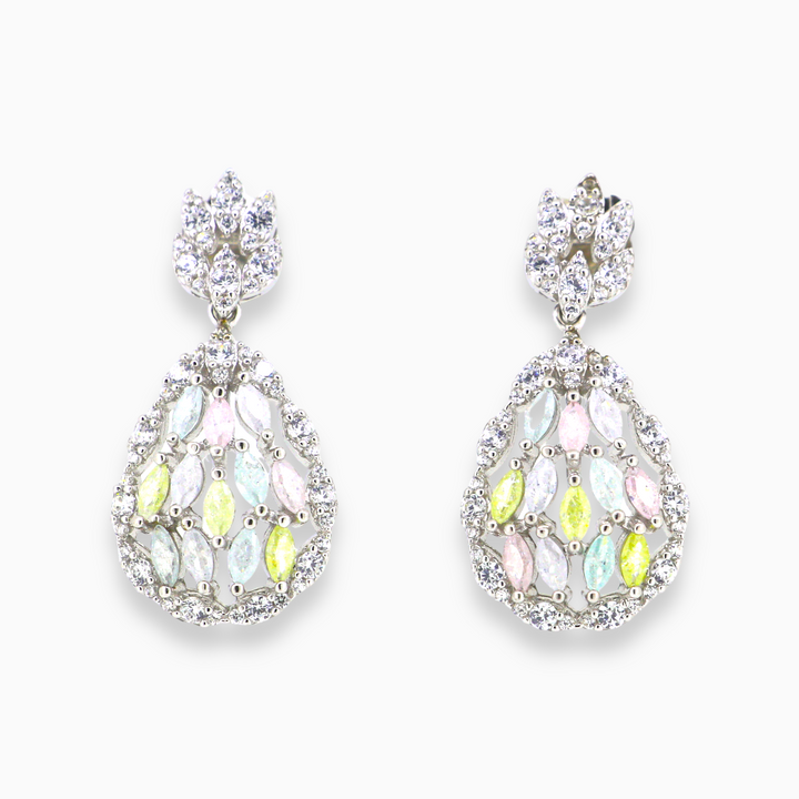 Multi color tear drop shaped designer silver earring