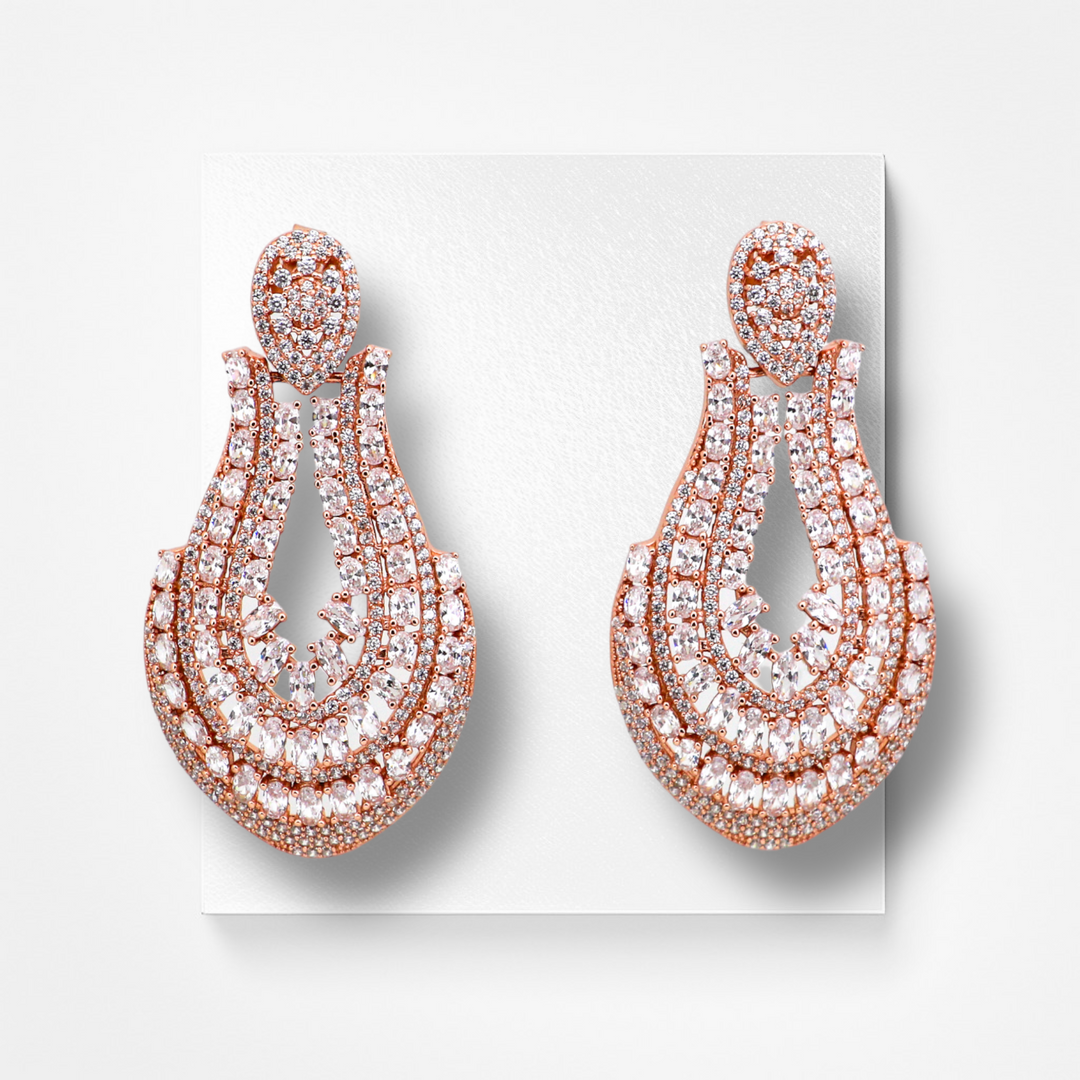 Designer big tear drop shaped silver earring with rose gold finish