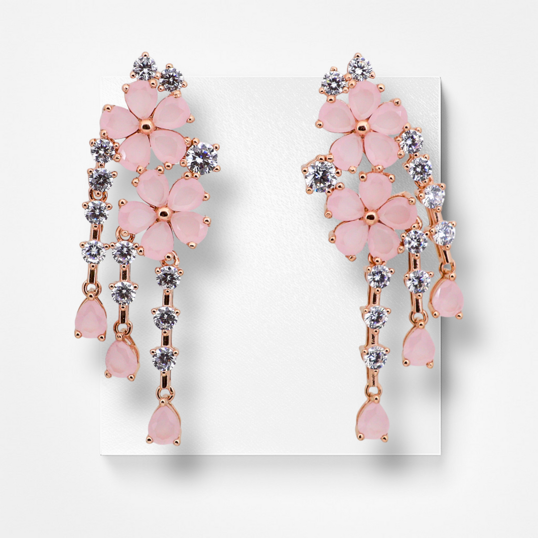 pink flower silver earring with rose gold finish