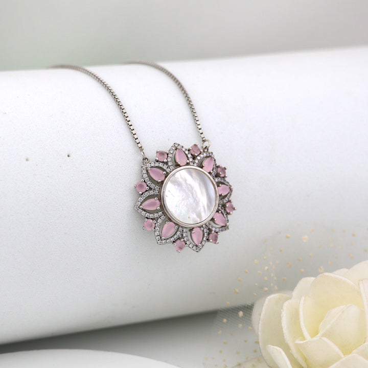 Pink Mother of Pearl Pendant chain Silver Necklace