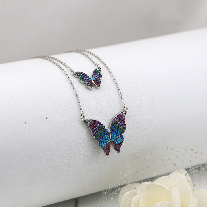 Two butterfly pendant with chain silver necklace