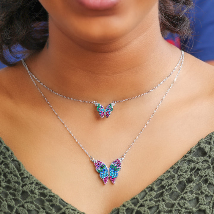 Two butterfly pendant with chain silver necklace