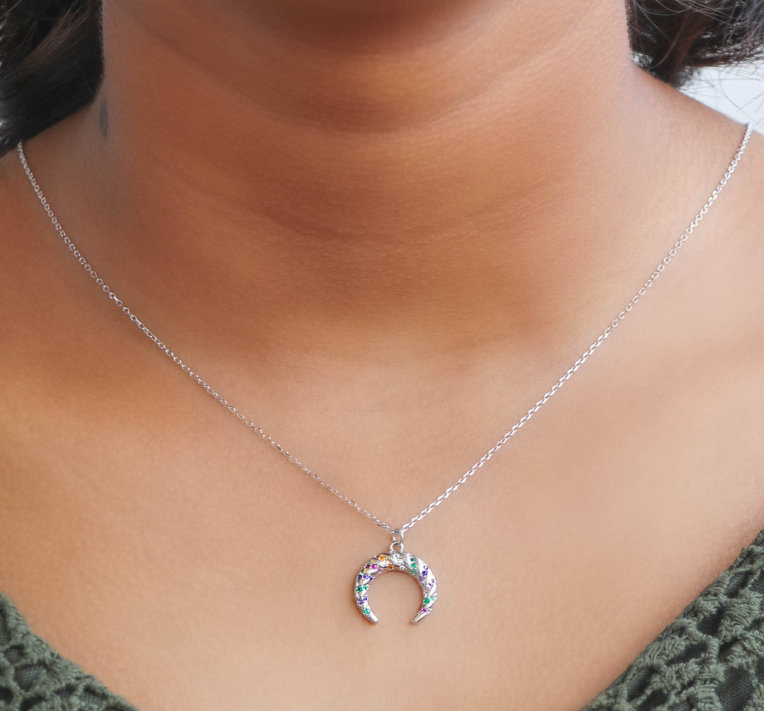 Multi color half Circle pendant with Chain Silver Necklace
