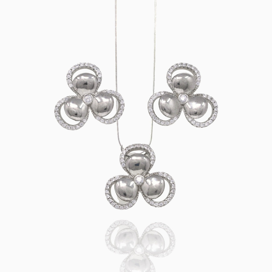 Three reverse petal design pendant with matching earrings Silver Jewellery set