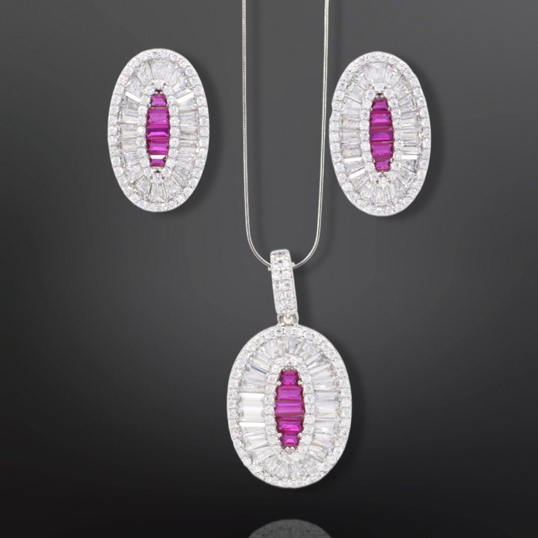 Pink stone pendant with matching earrings Silver Jewellery set