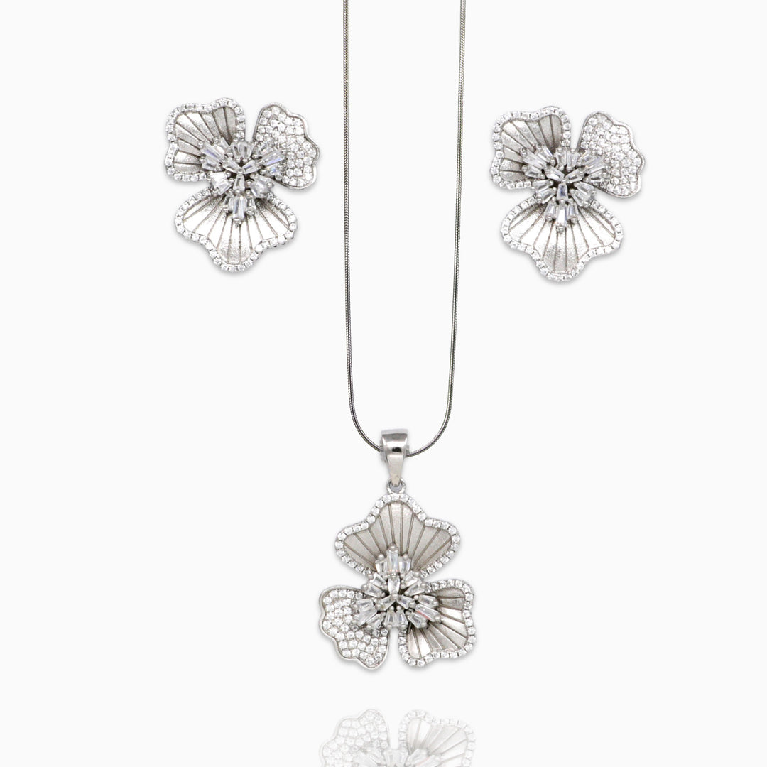Petals with blooming flower pendant with matching earrings Silver Jewellery set