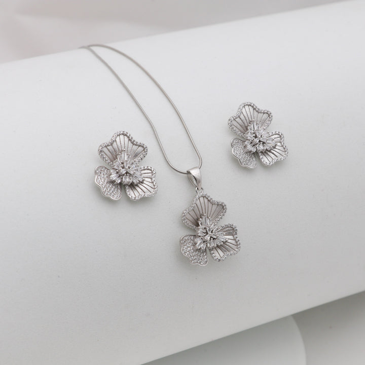 Petals with blooming flower pendant with matching earrings Silver Jewellery set