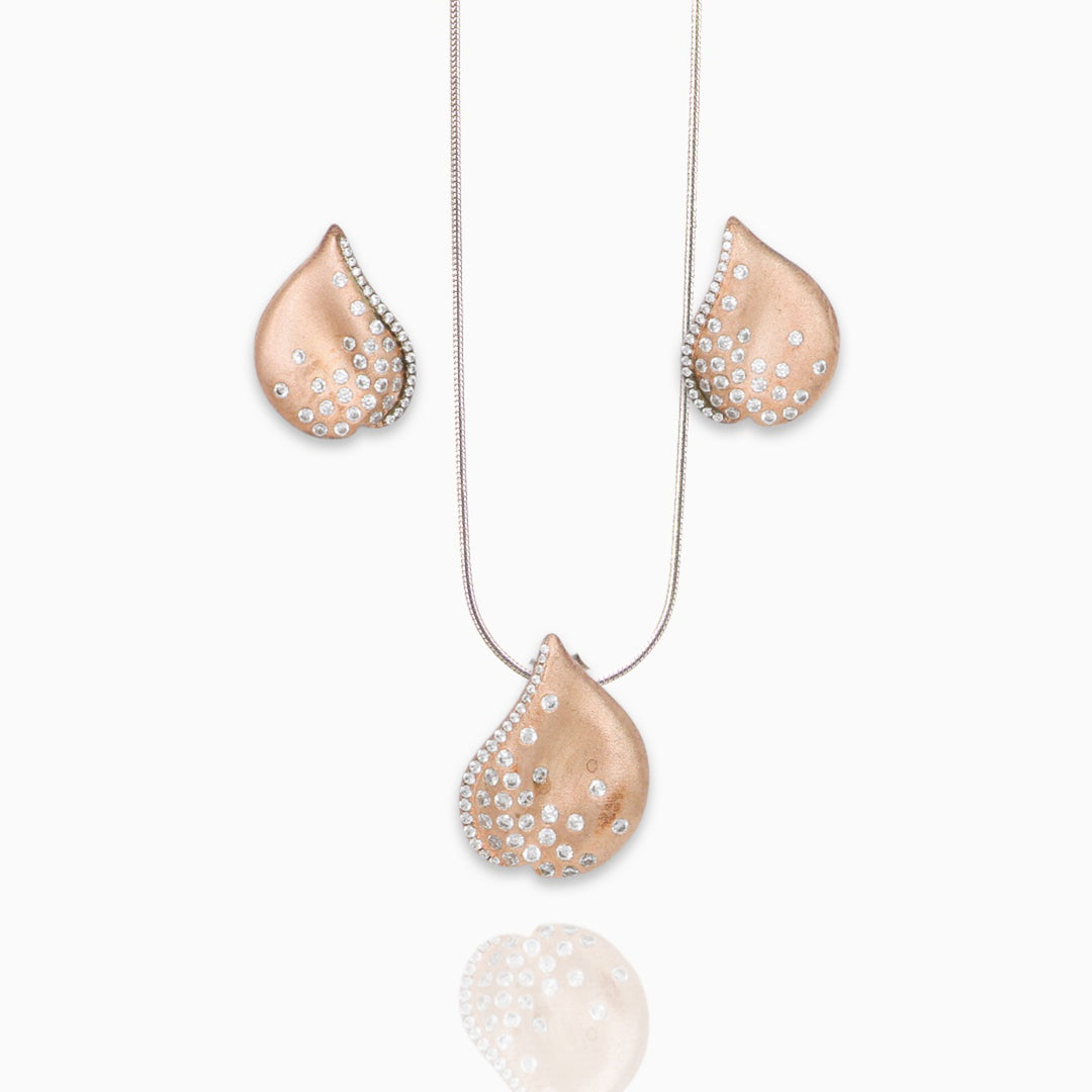 Water drops on big petal pendant with matching earrings Silver Jewellery set