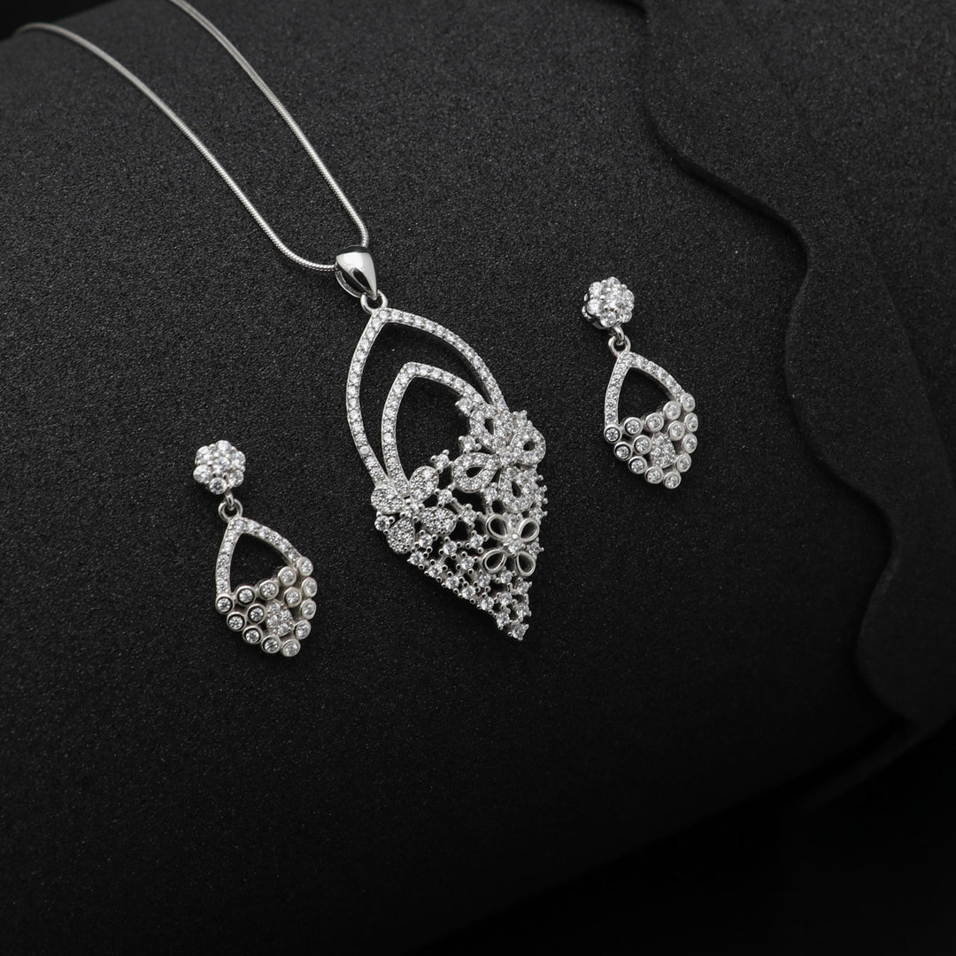 Shiny flower Basket shape pendant with matching earrings Silver Jewellery set