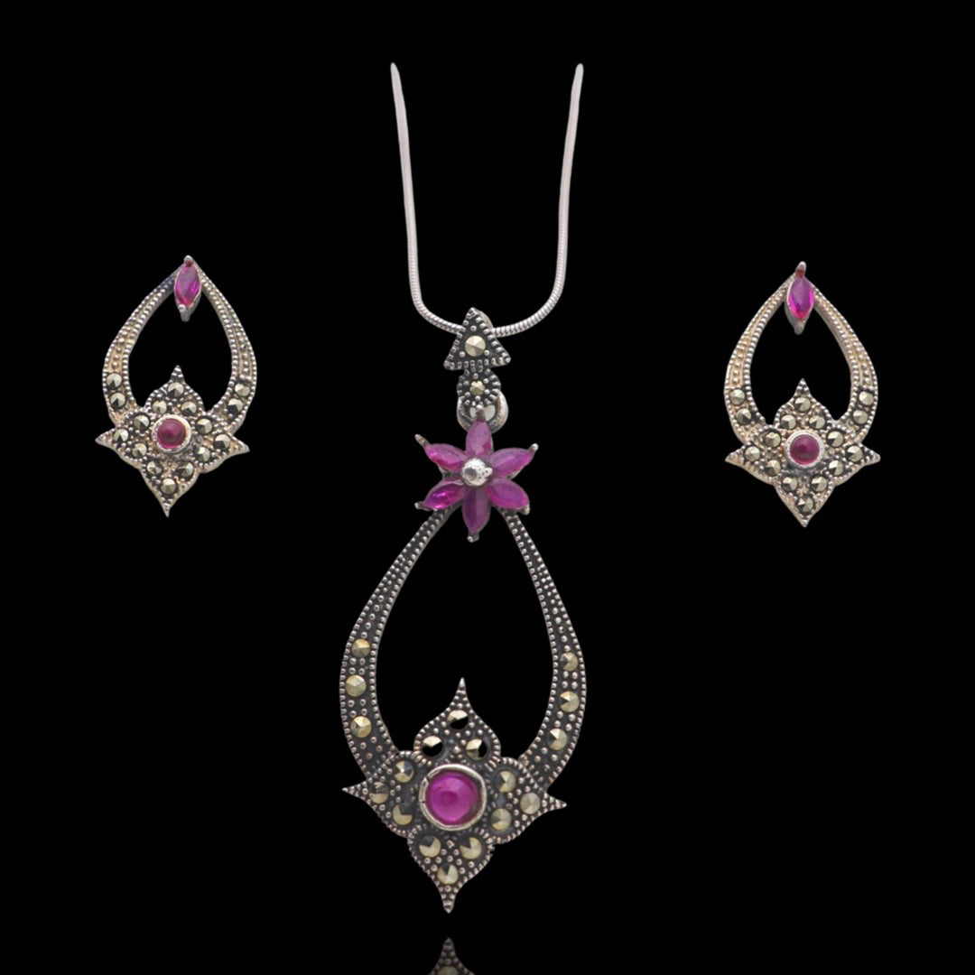 Marcasite tapered drop design pendant with matching earrings Silver Jewellery set