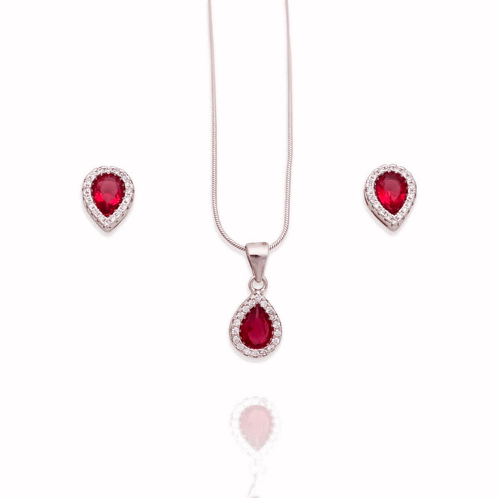 Red drop design pendant with matching earrings Silver Jewellery set