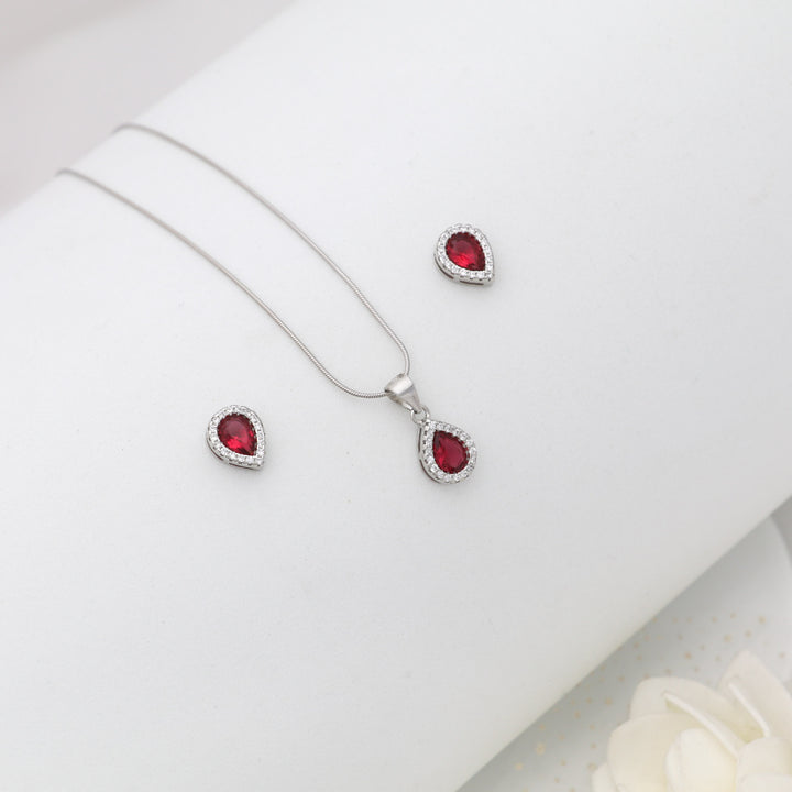 Red drop design pendant with matching earrings Silver Jewellery set