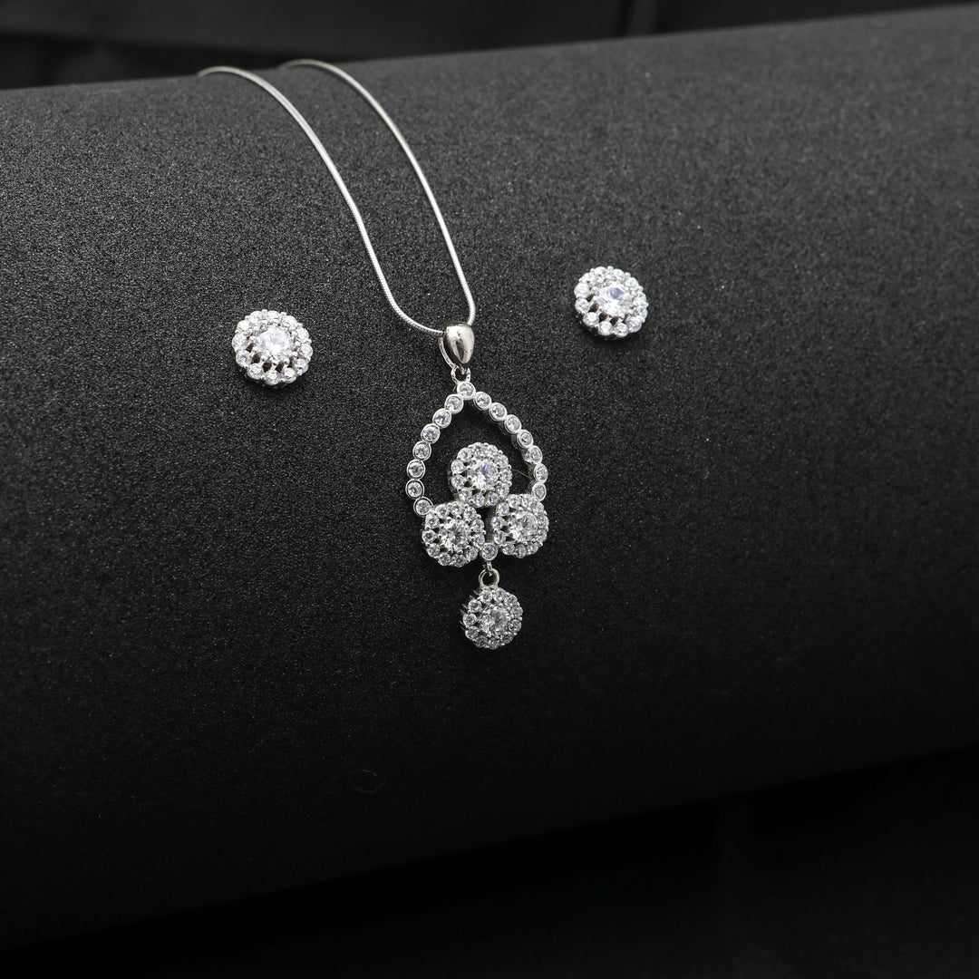 Three flowers with hanging flower pendant with matching earrings Silver Jewellery set