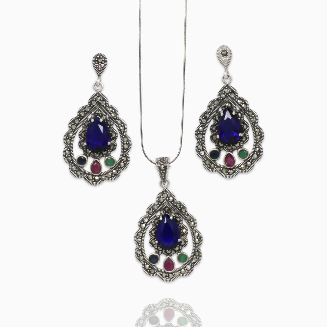 Marcasite blue stoned drop shape pendant with matching earrings Silver Jewellery set