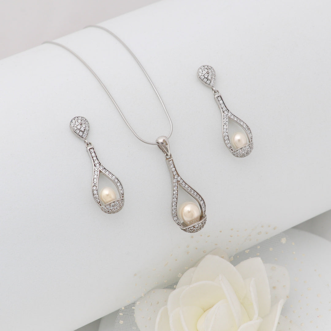 Pearl lantern shape design pendant with matching earrings Silver Jewellery set