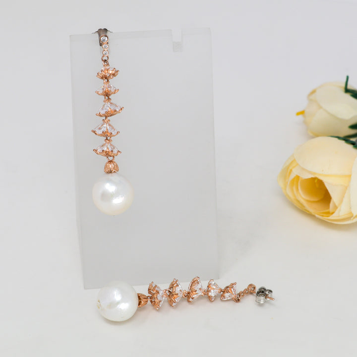 Pearl hanging design rose gold coated dangler earring set