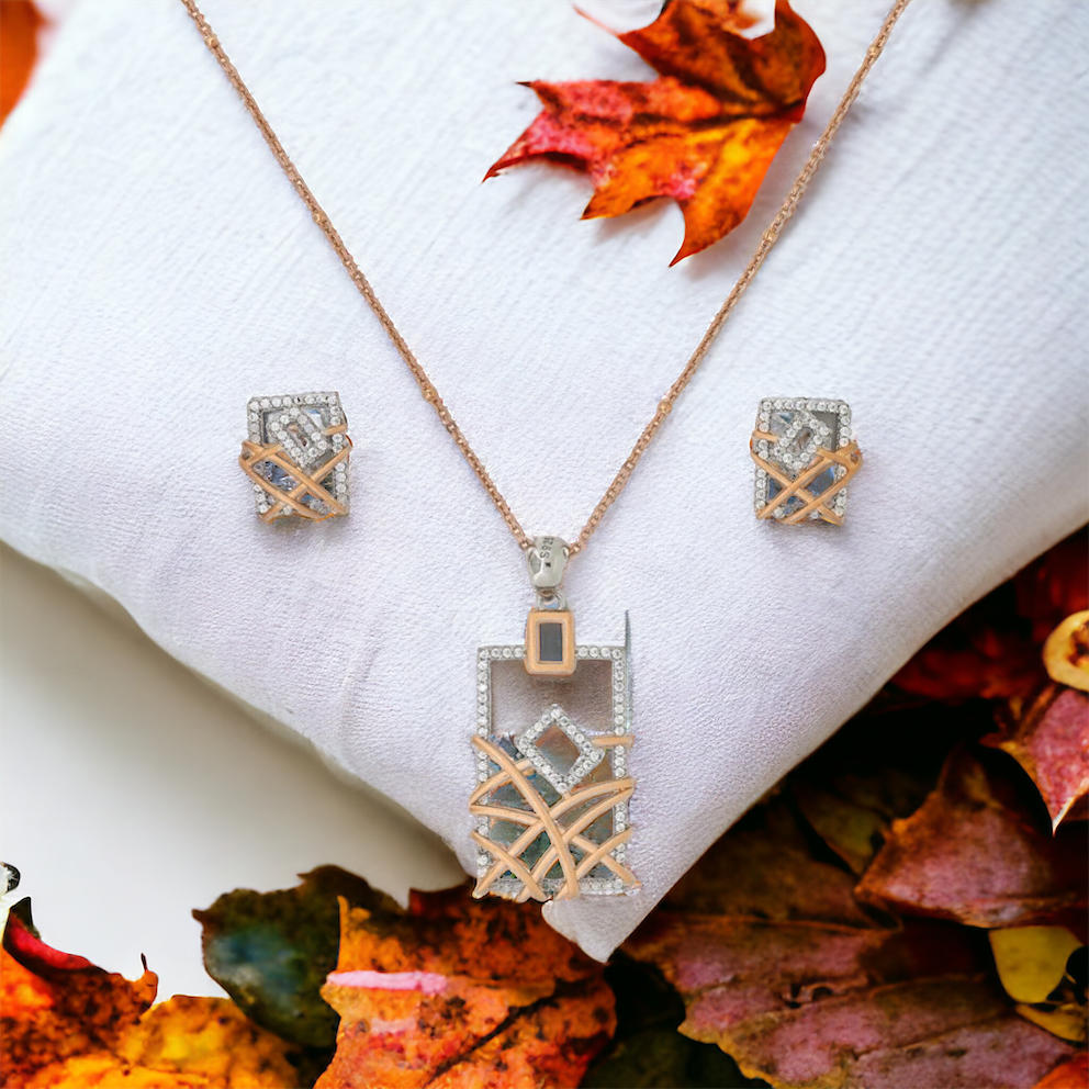 Designer Silver Pendant and matching earring set with Rose Gold plated