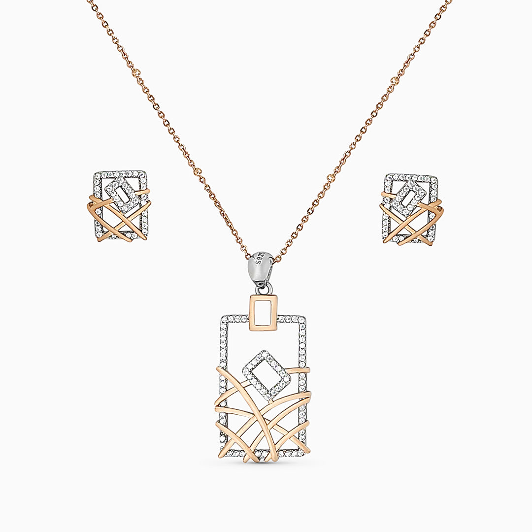 Designer Silver Pendant and matching earring set with Rose Gold plated