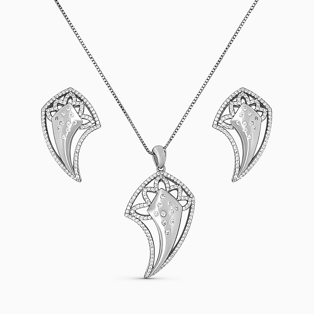 designer silver pendant with matching earring set - asymmetric modern design