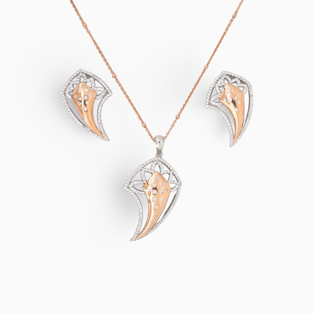 Designer Silver Pendant and matching earring set with Rose Gold plated and rhodium plated