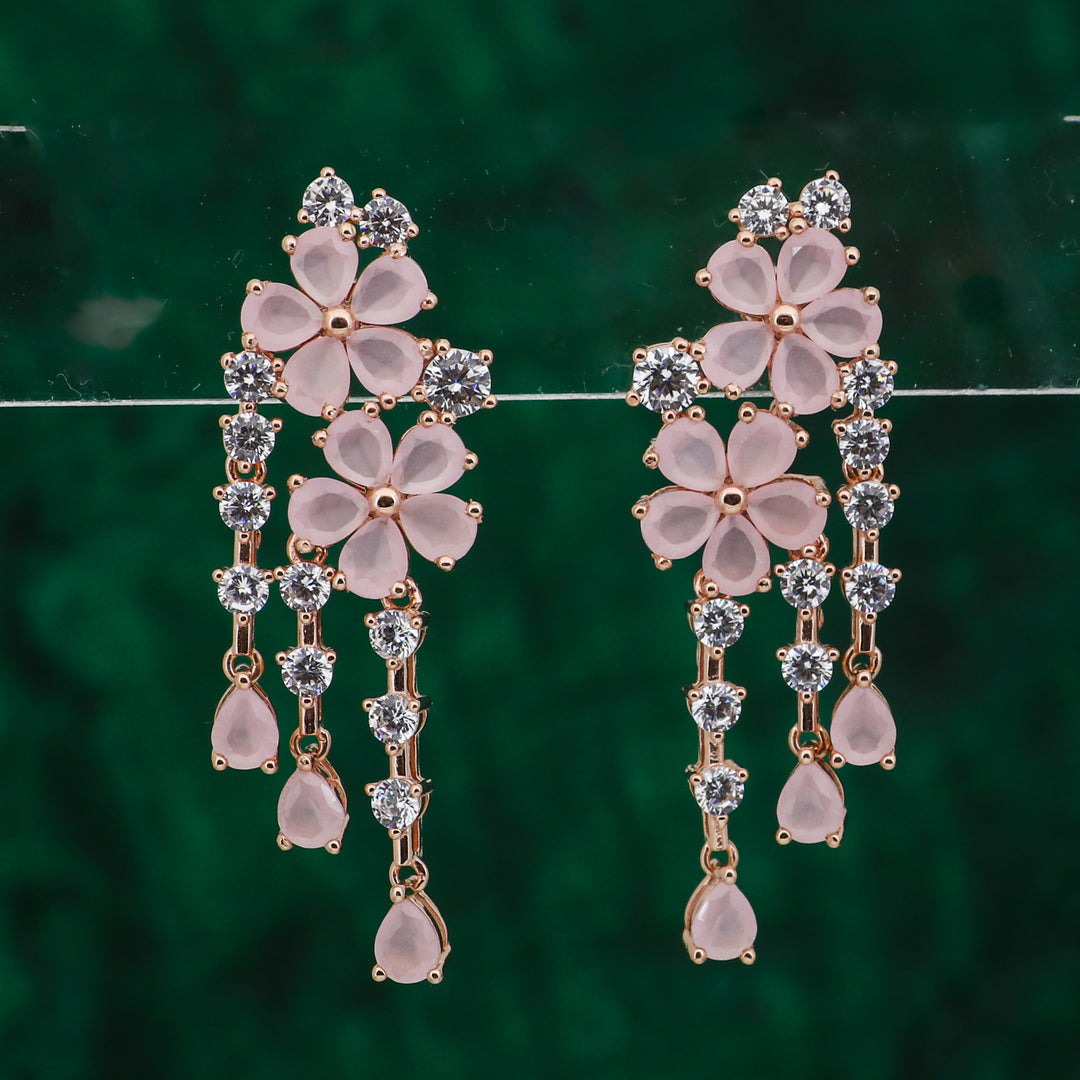 925 silver earrings- Trendy besilver dangle Earrings Pink flower design with rose gold finish