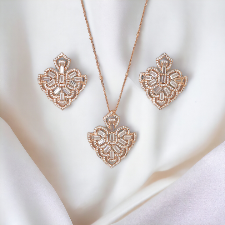 Designer Silver Pendant and matching earring set with Rose Gold plated.