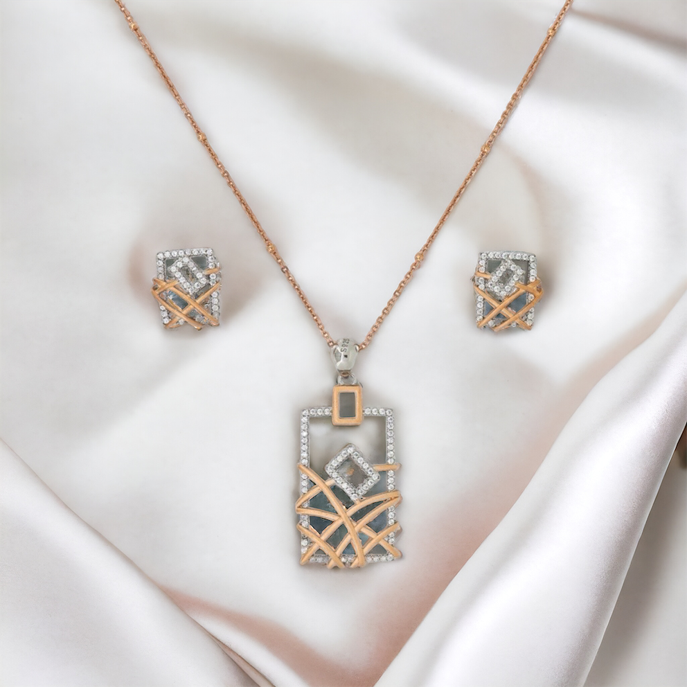 Designer Silver Pendant and matching earring set with Rose Gold plated