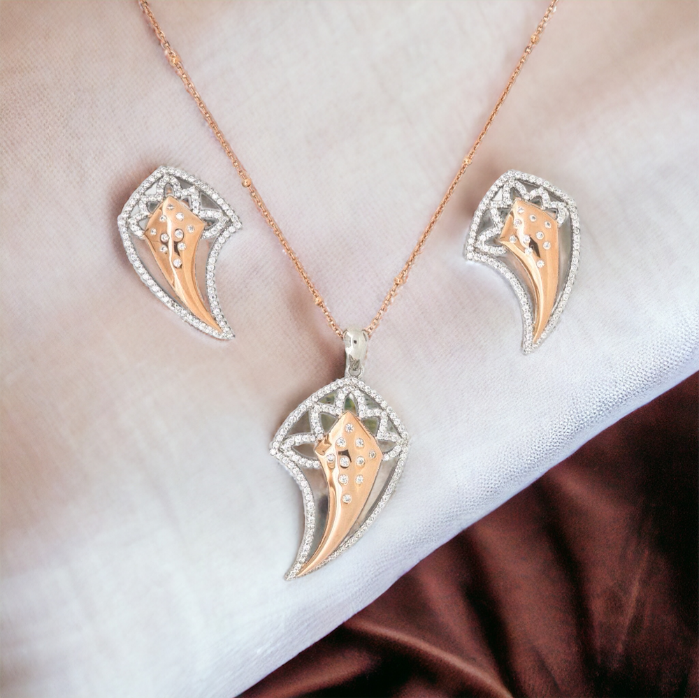 Designer Silver Pendant and matching earring set with Rose Gold plated and rhodium plated