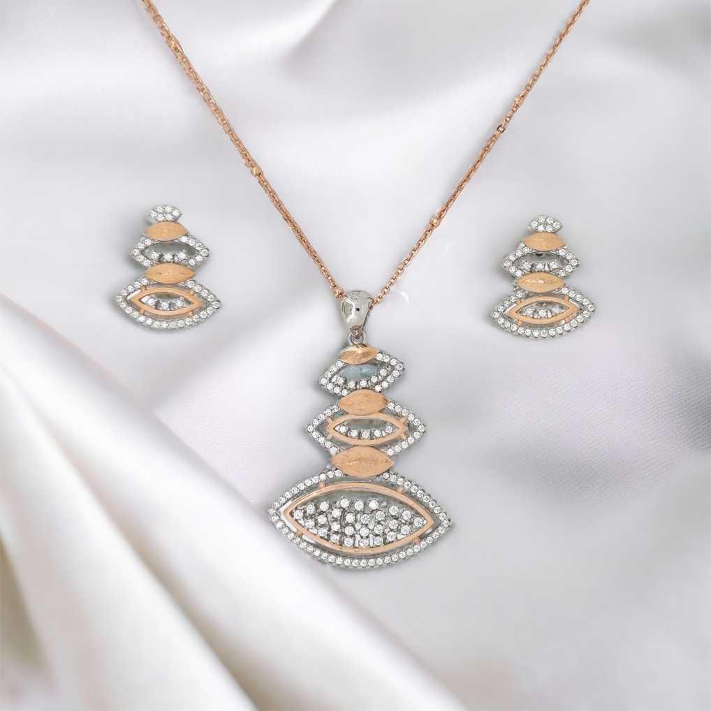 Designer Silver Pendant and matching earring set with Rose Gold plated.