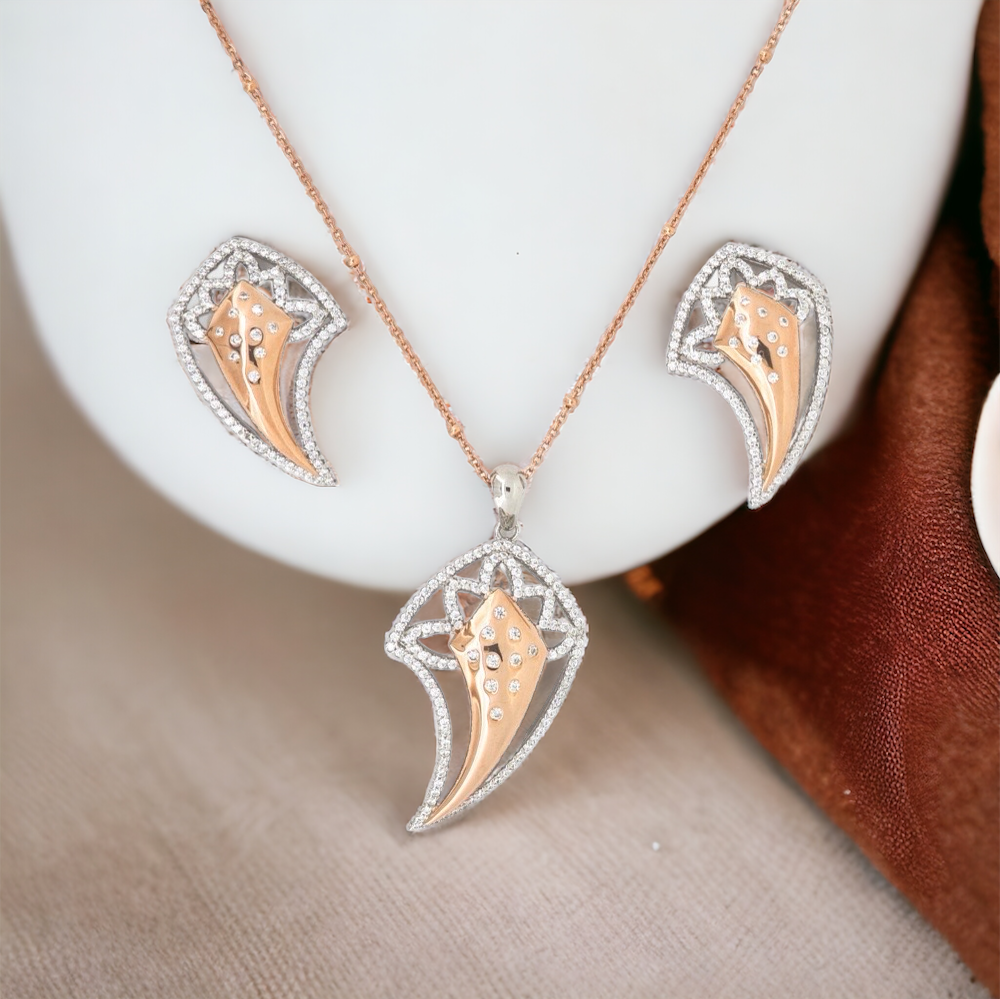 Designer Silver Pendant and matching earring set with Rose Gold plated and rhodium plated