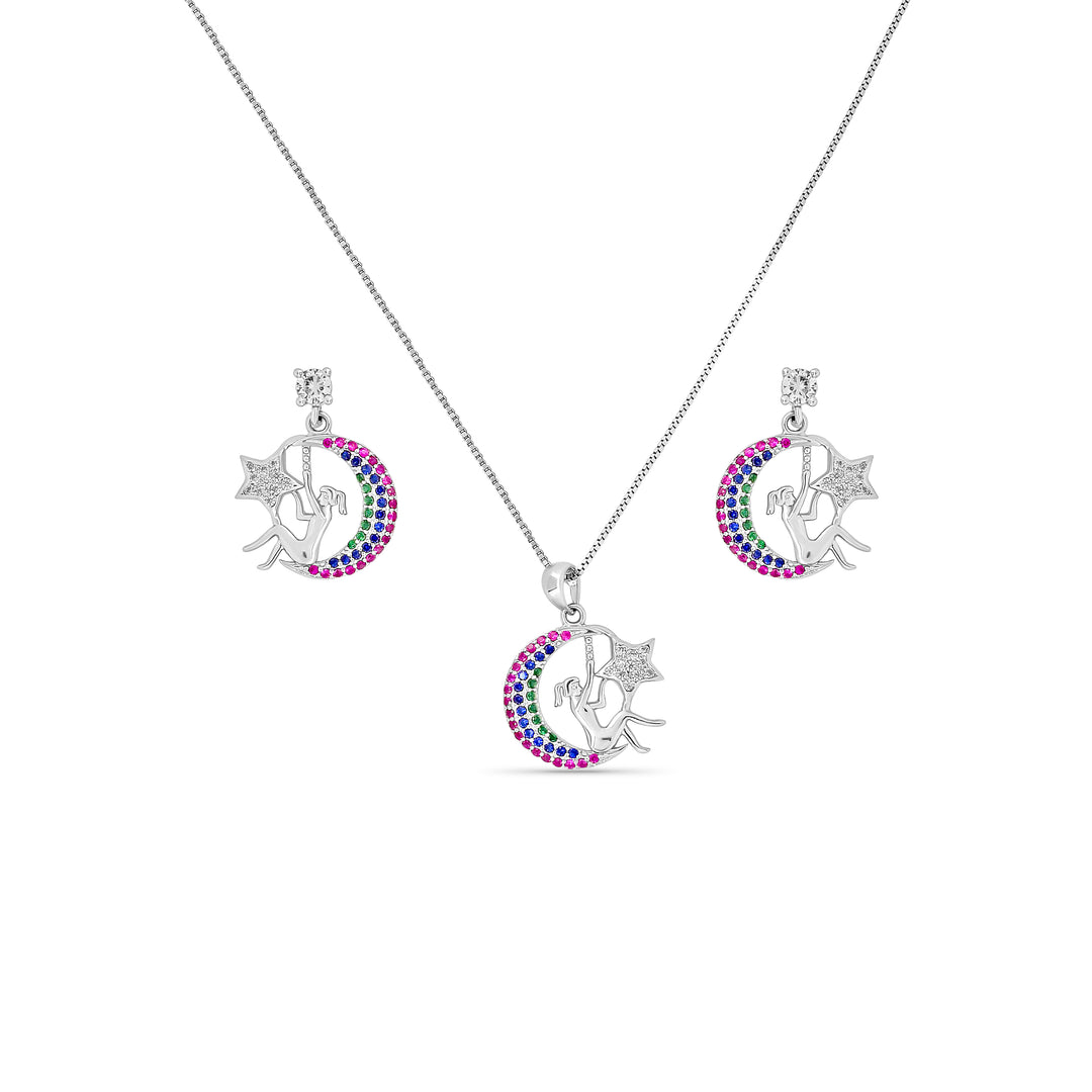 designer silver pendant with matching earring set- lady sitting with moon and star