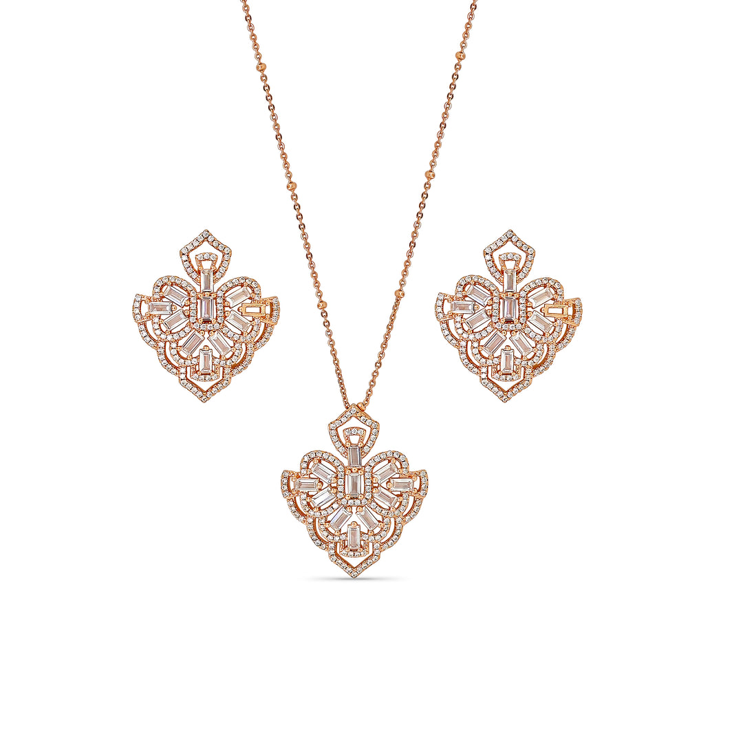 Designer Silver Pendant and matching earring set with Rose Gold plated.