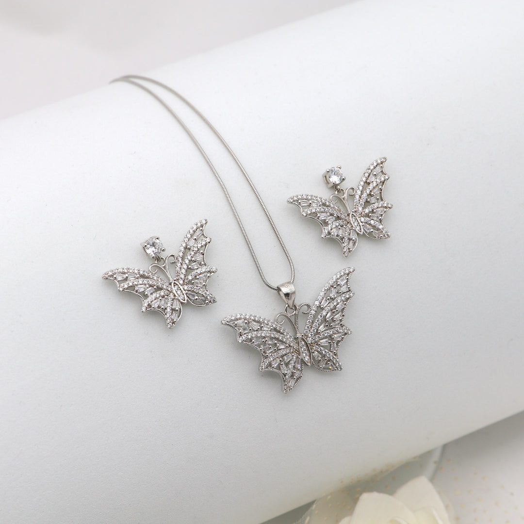 Butterfly designer silver Pendant with matching earring set with rhodium finish