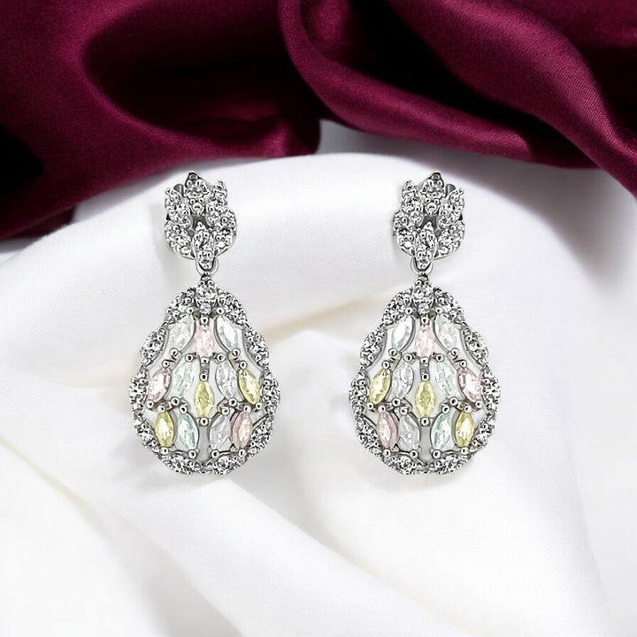 925 silver earrings- Trendy besilver dangle Earrings with multi color Cz stones.