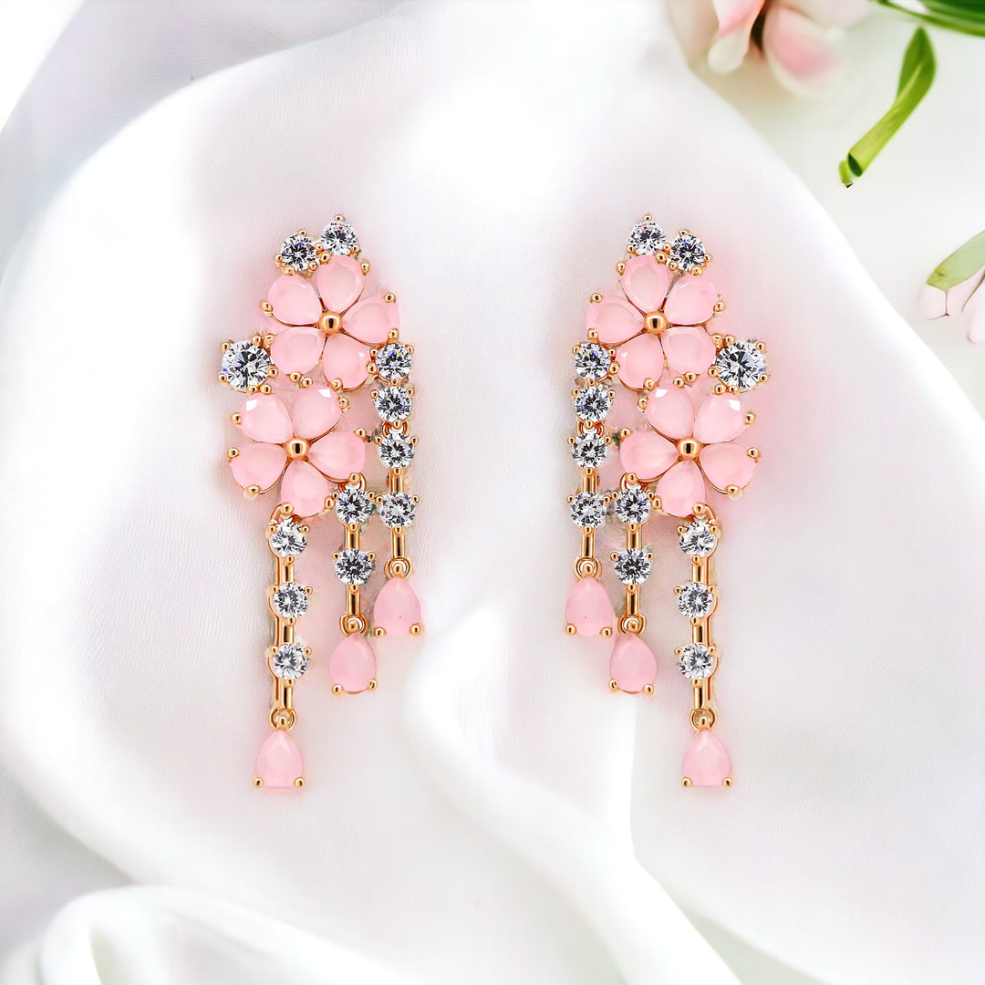 925 silver earrings- Trendy besilver dangle Earrings Pink flower design with rose gold finish