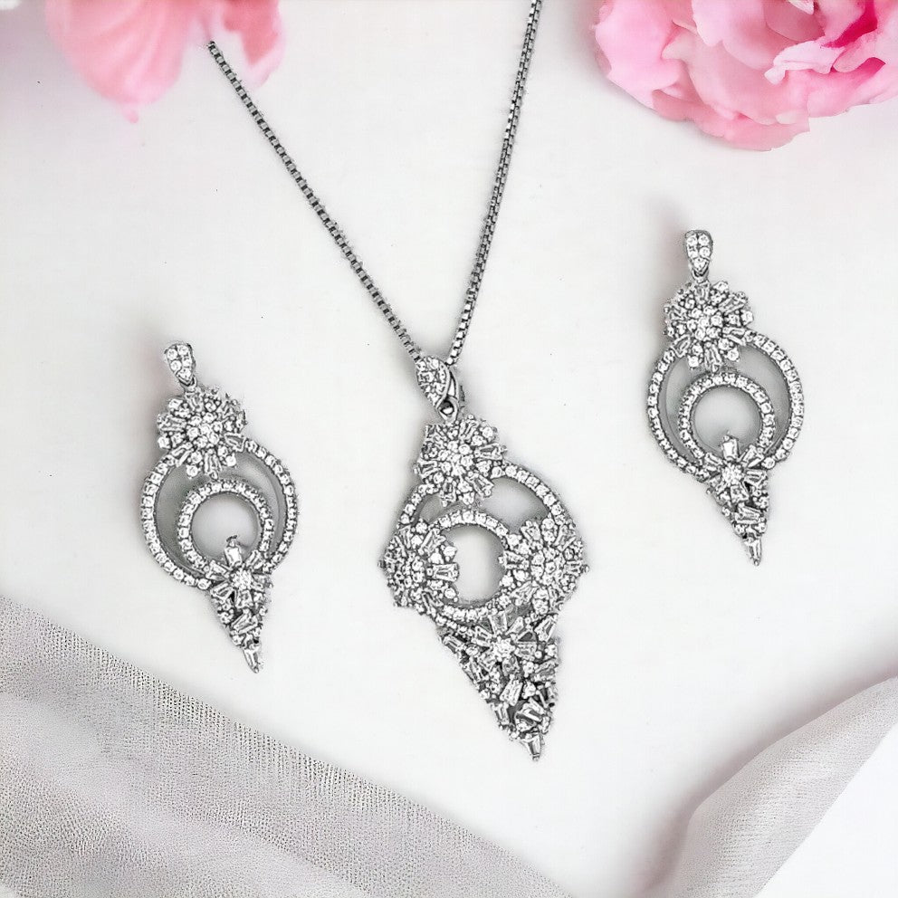 Designer silver pendant with matching earring set with rhodium finish