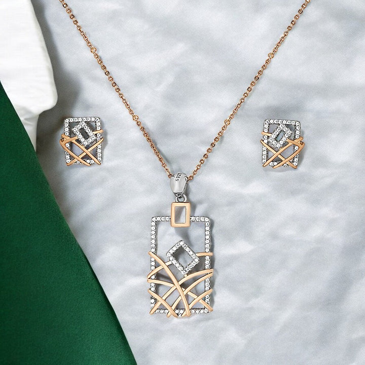 Designer Silver Pendant and matching earring set with Rose Gold plated