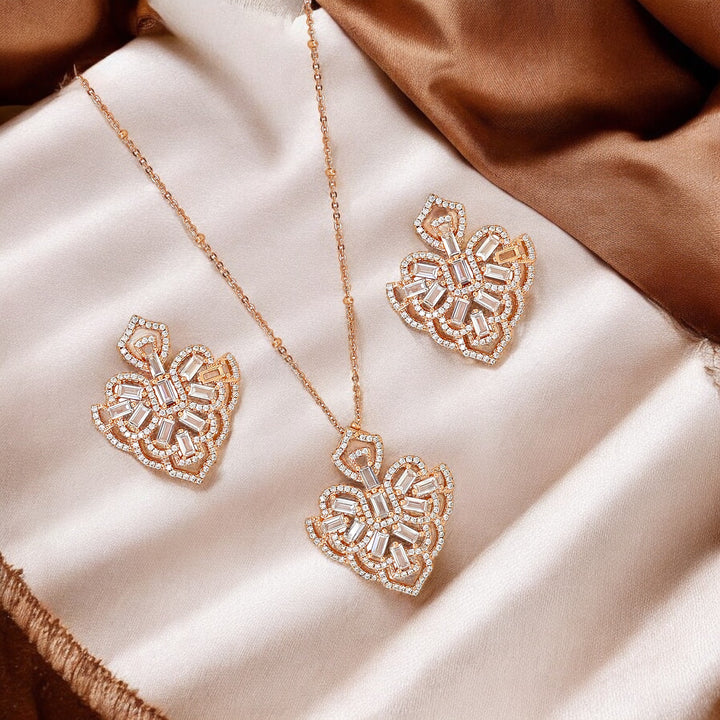 Designer Silver Pendant and matching earring set with Rose Gold plated.